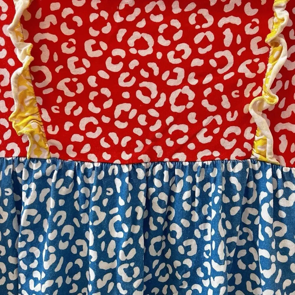 Mini Boden Colorblock Cheetah Print Dress Long Sleeve Ruffle Girls Size 7-8